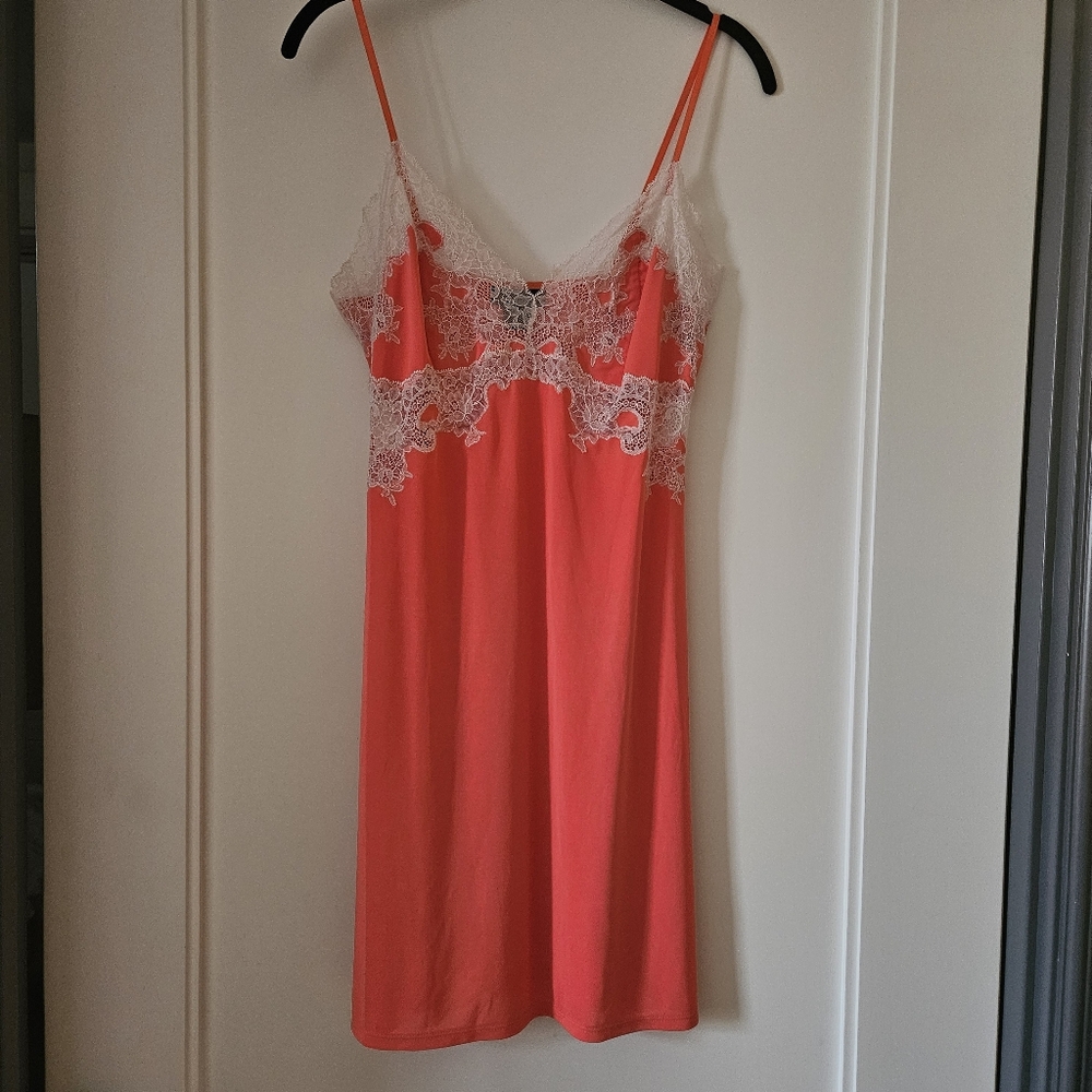 Natori Slip Dress Chemise Size XS Orange White Lace Trim 90s Y2K Style